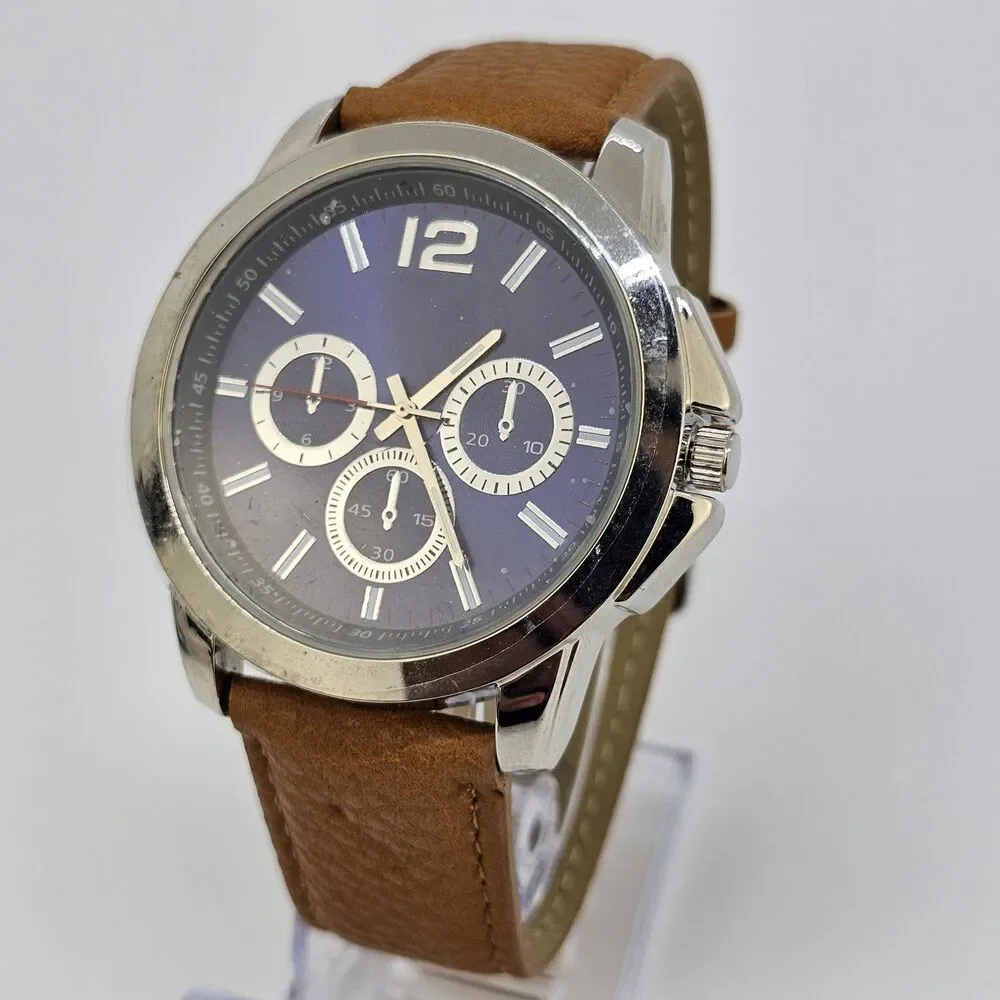 Men's Watch 47MM Blue Dial‎ Brown Faux Leather Bands New Battery
